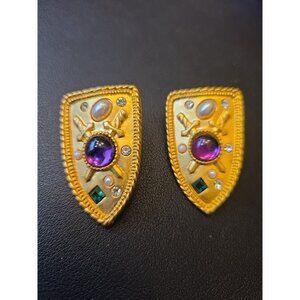 PARK LANE Heraldic Royal Shield Earrings Purple Cabs and Faux Pearls PIERCED